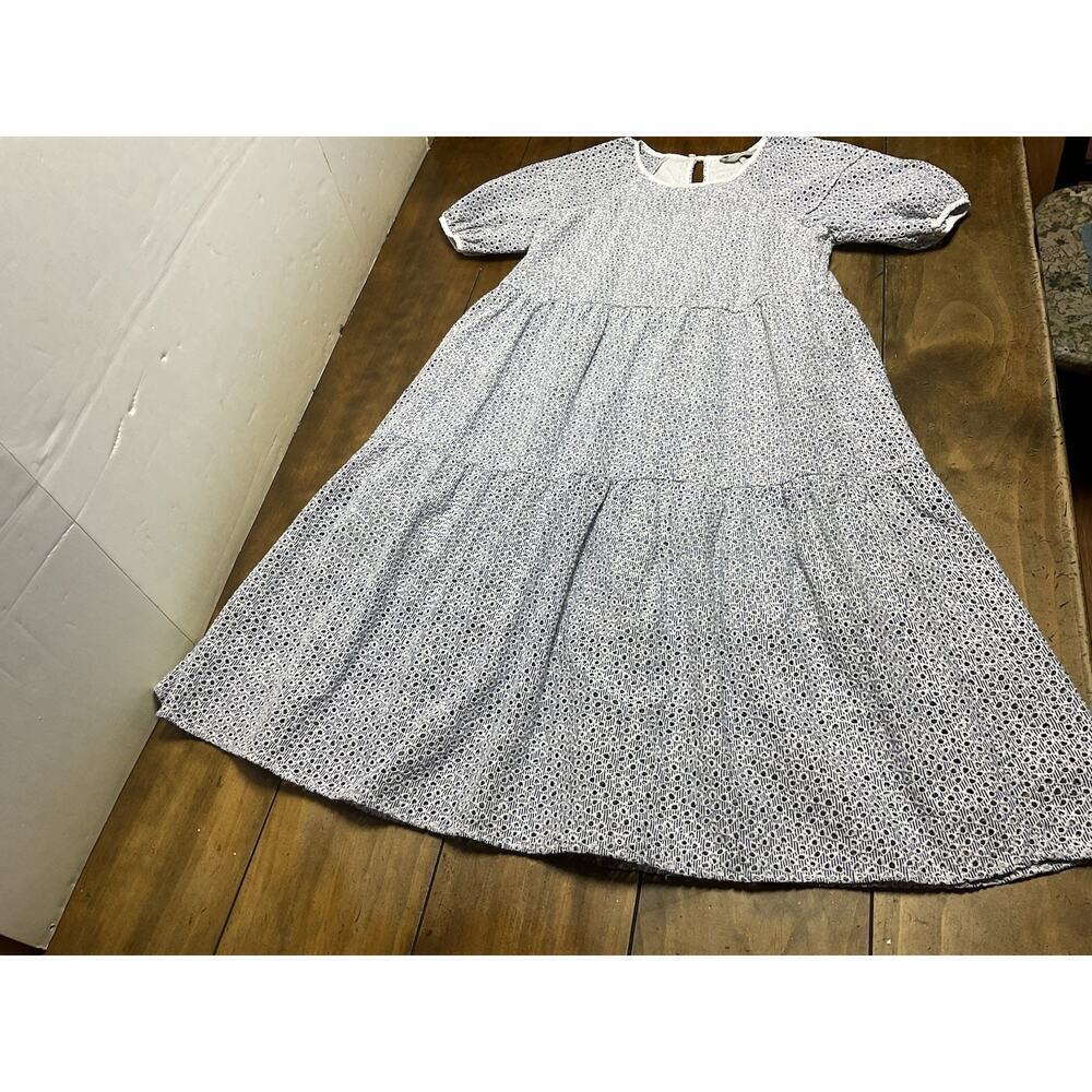 Everlane Tiered Blue White Eyelet Puff Sleeve Oversized Midi Dress Size XXS